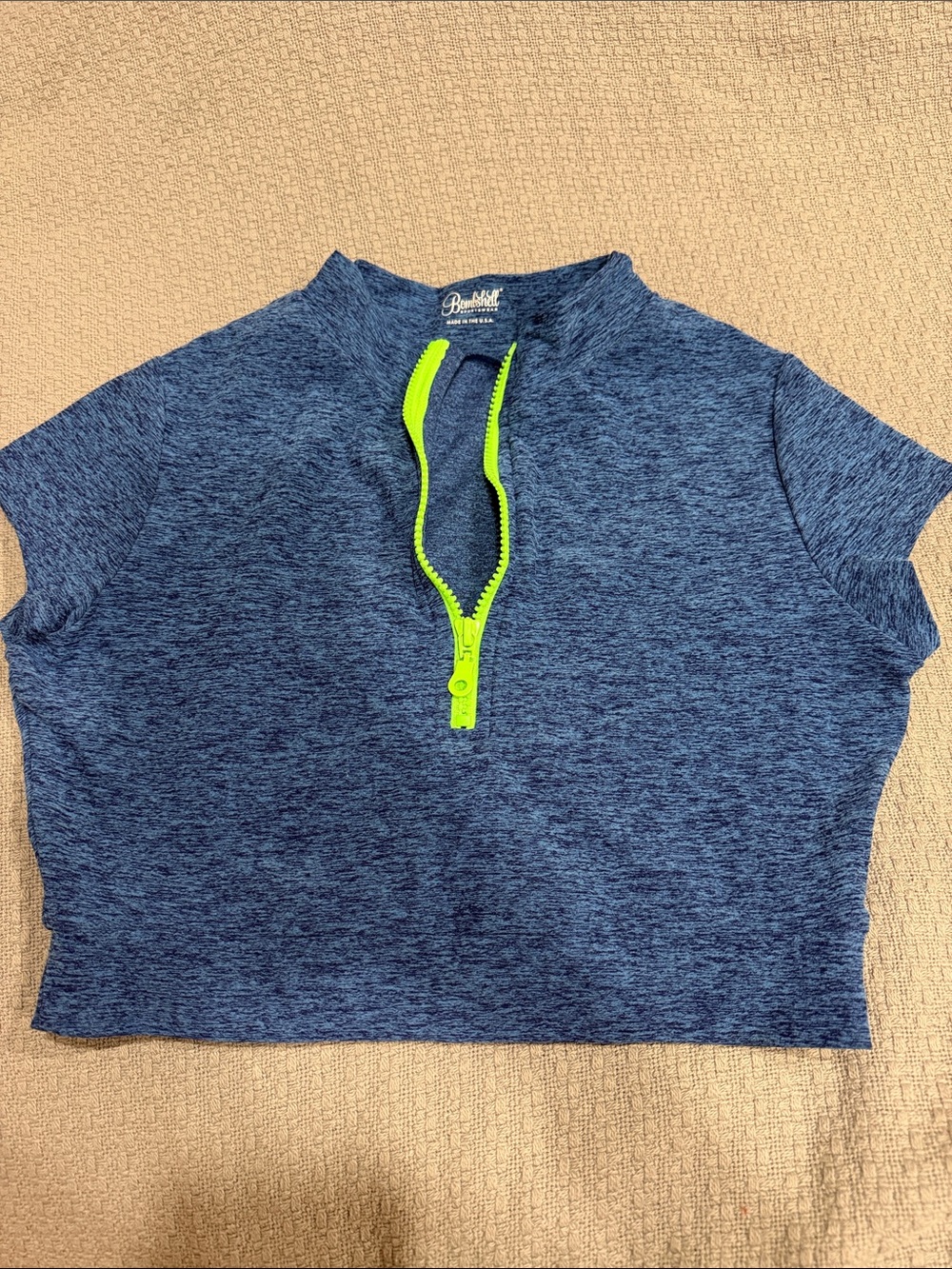 Bombshell Sportswear Navy Blue Short-Sleeve Active Top with Neon Green Zip